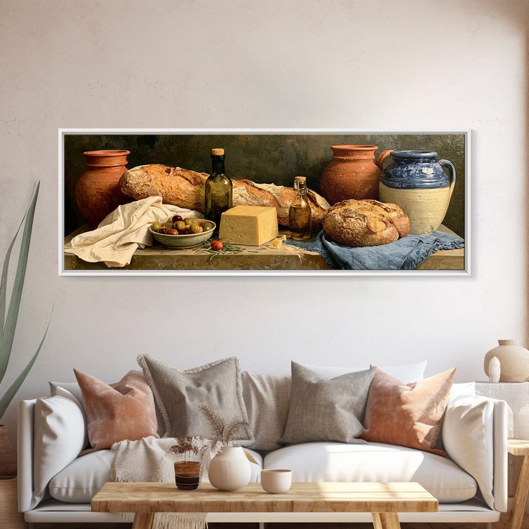 Rustic Bread Olives and Cheese Still Life Canvas Print, Dining Room Art, Kitchen Wall Art, Dining Room Decor, Fine Art, Dining, DRA-3x1-46