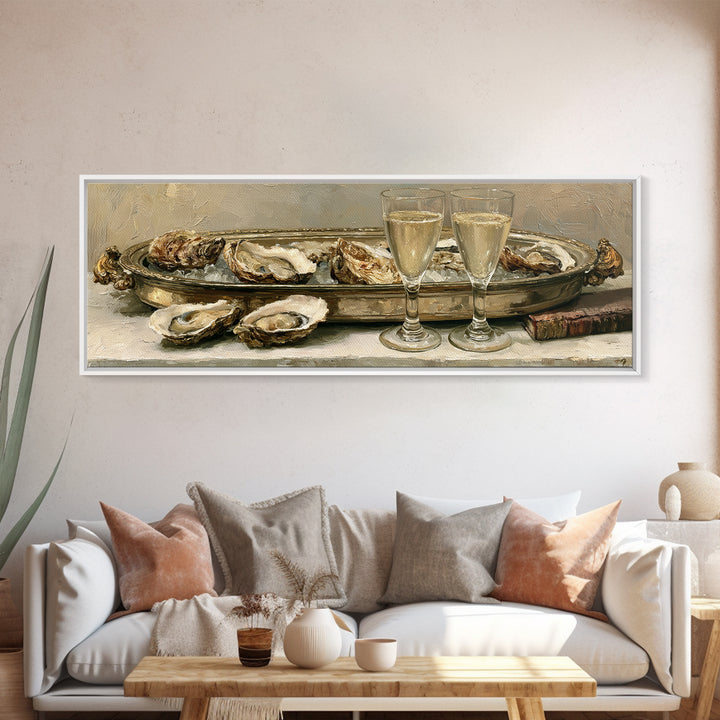 Elegant Oyster and Champagne Still Life Framed Canvas Print, Dining Room Art, Dining Room Decor, Oil Painting, Dining, DRA-3x1-47