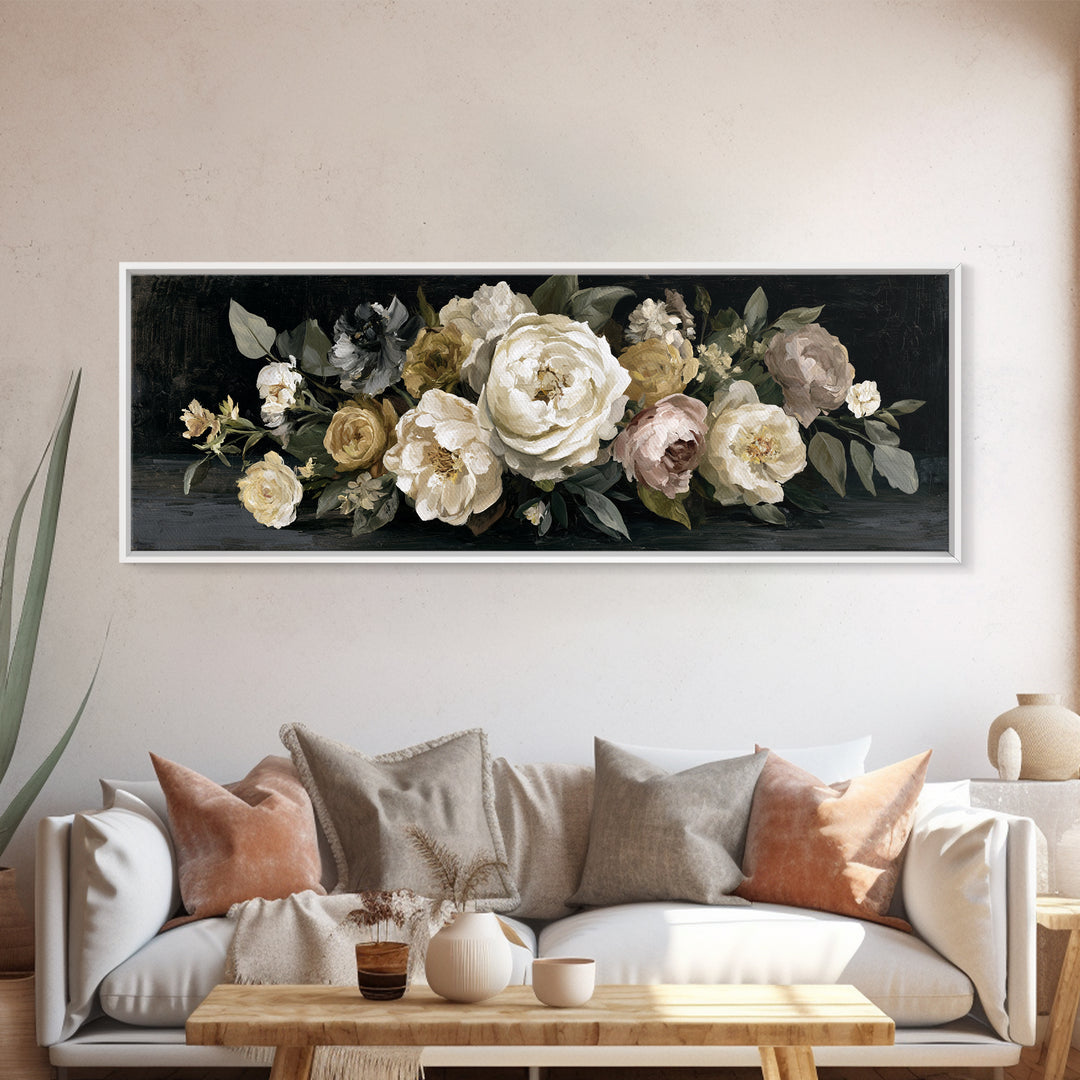 Moody Dark Background Bouquet for Formal Dining Framed Canvas Print, Dining Room Art, Wall Art, Dining Room Decor, Dining, DRA-3x1-51