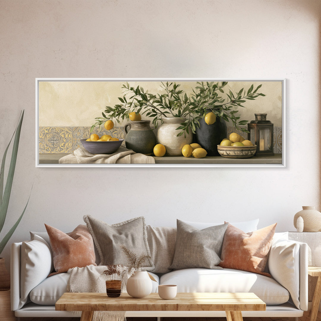 Mediterranean Olive Branch and Citrus Arrangement Canvas Print, Dining Room Art, Luxury Decor, Dining Room Decor, Dining, DRA-3x1-52