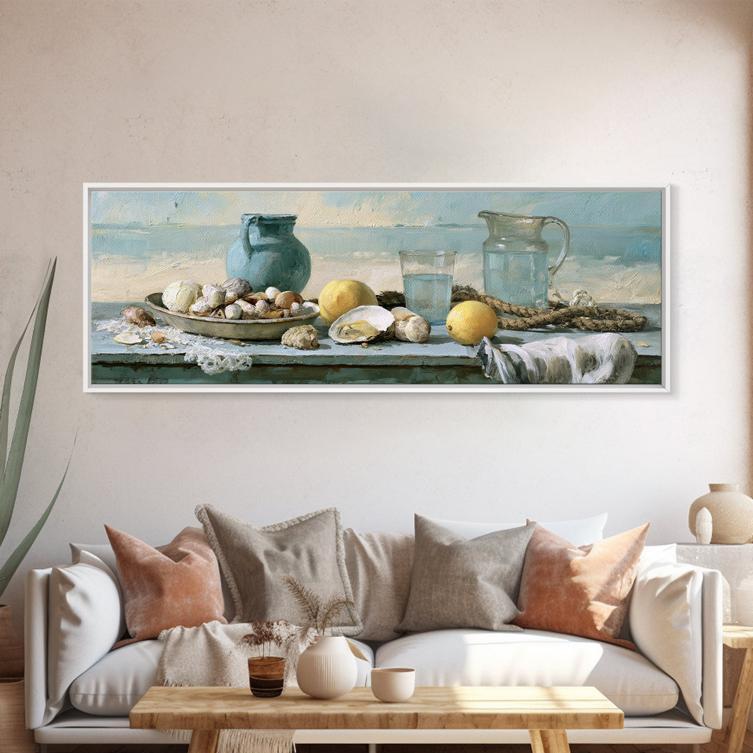 Shellfish and Lemon Still Life Framed Canvas Print, Dining Room Art, Art Print, Dining Room Decor, Dining, Abstract Art, DRA-3x1-56