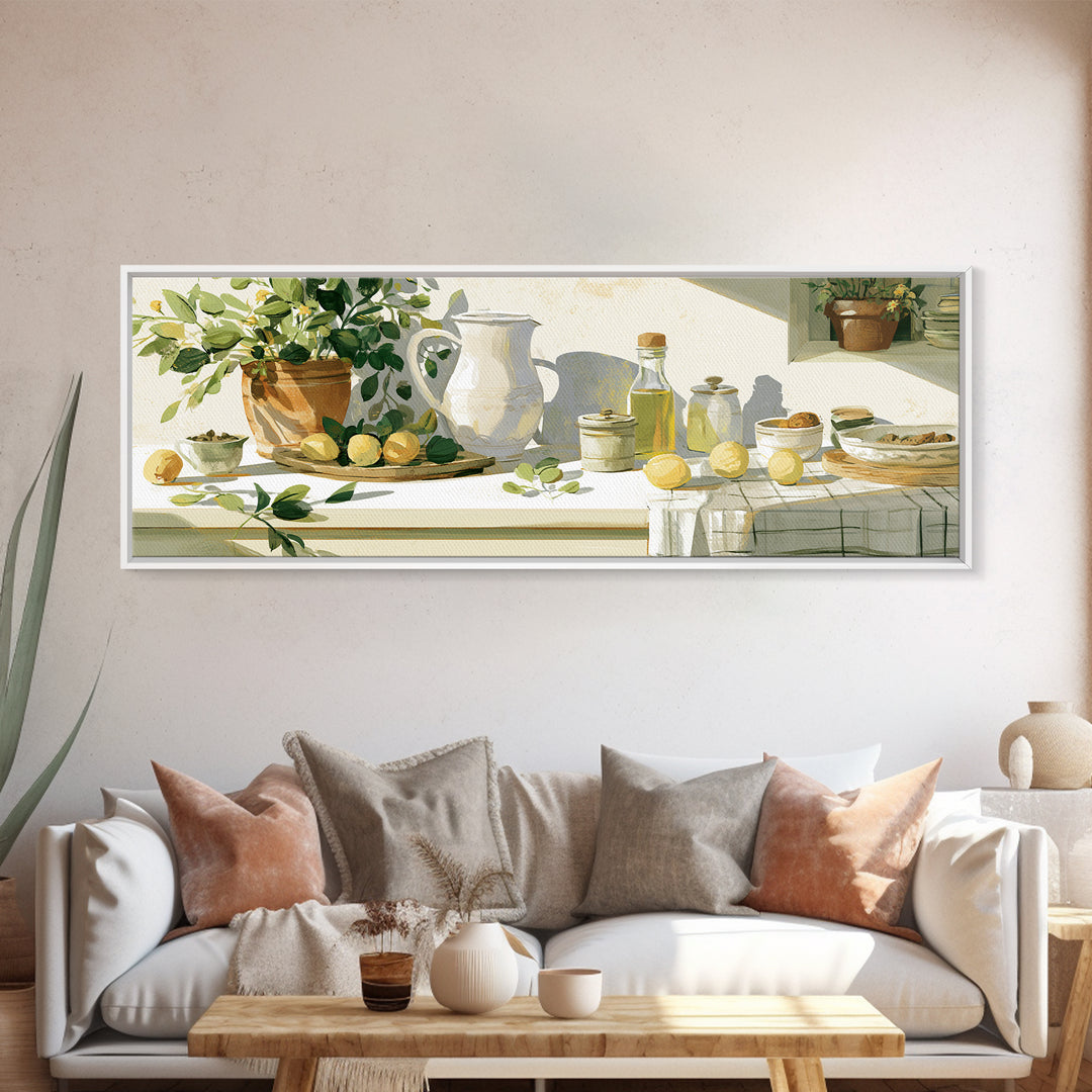 Sunlit Farmhouse Table Objects Without Room View Framed Canvas Print, Dining Room Art, Kitchen Art, Dining Room Decor, Dining, DRA-3x1-57