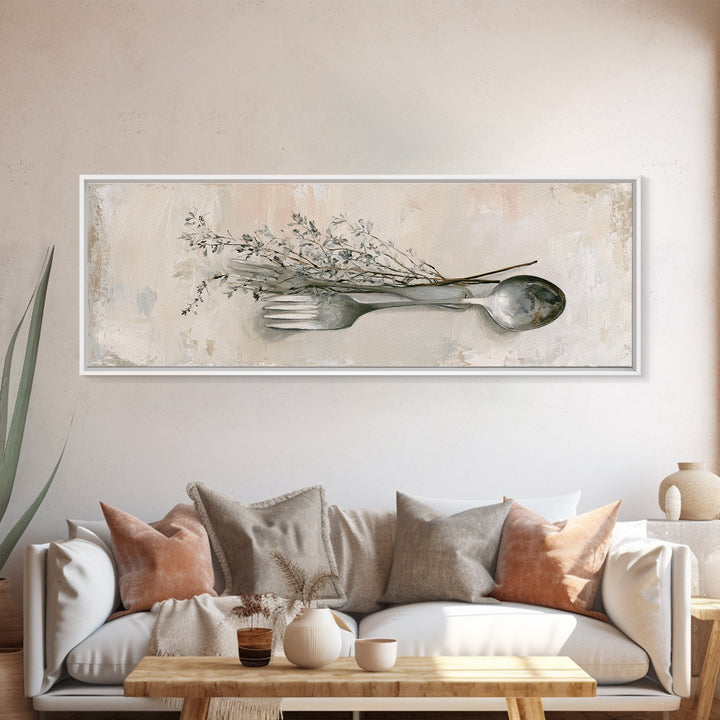 Minimal Fork Spoon and Herb Composition Canvas Print, Dining Room Art, Coastal Decor, Dining Room Decor, Oil Painting, Dining, DRA-3x1-62