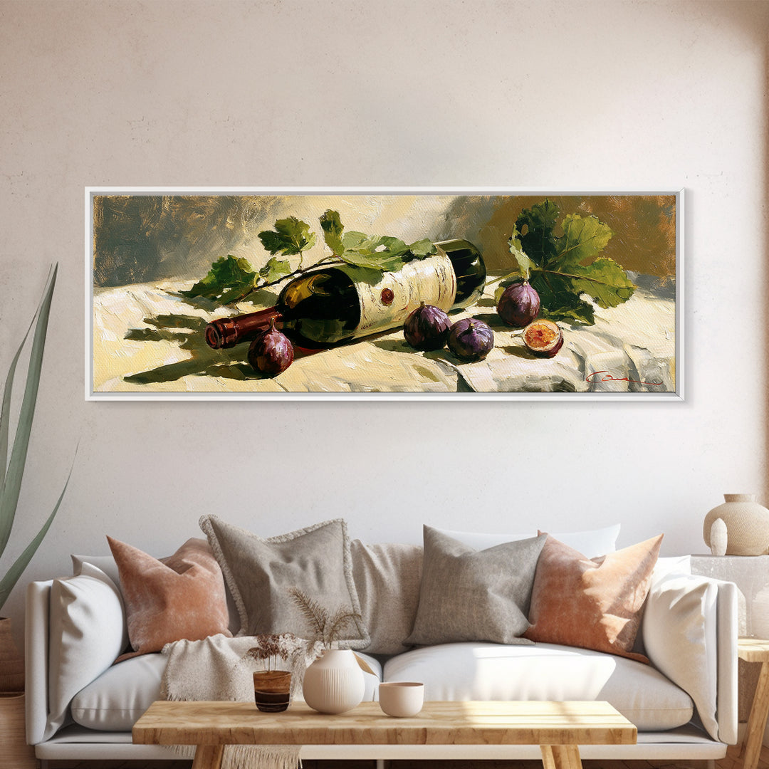 Wine Bottle and Figs on a Linen Framed Canvas Print, Dining Room Art, Printable Wall Art, Dining Room Decor, Fine Art, Dining, DRA-3x1-67
