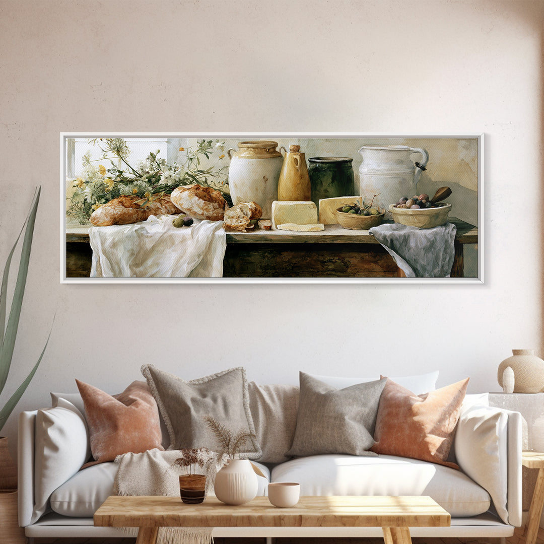 Rustic Bread Olives and Cheese Still Life Canvas Print, Dining Room Art, Modern Decor, Dining Room Decor, Oil Painting, Dining, DRA-3x1-70