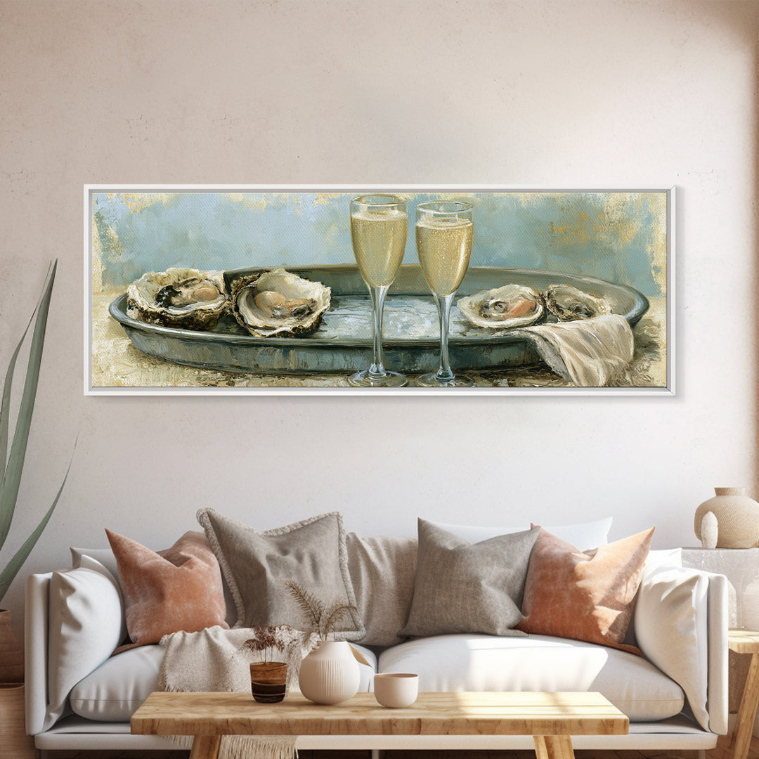 Elegant Oyster and Champagne Still Life Canvas Print, Dining Room Art, Large Wall Art, Dining Room Decor, Fine Art, Dining, DRA-3x1-71