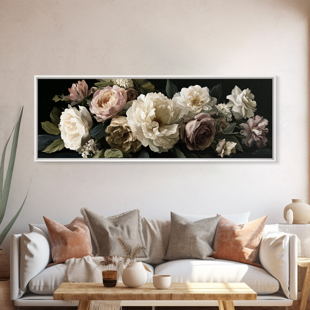 Moody Dark Background Bouquet for Formal Dining Canvas Print, Dining Room Art, Canvas Wall Art, Dining Room Decor, Dining, DRA-3x1-75
