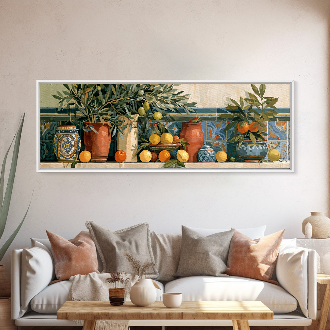 Mediterranean Olive Branch and Citrus Arrangement Canvas Print, Dining Room Art, Contemporary Art, Dining Room Decor, Dining, DRA-3x1-76