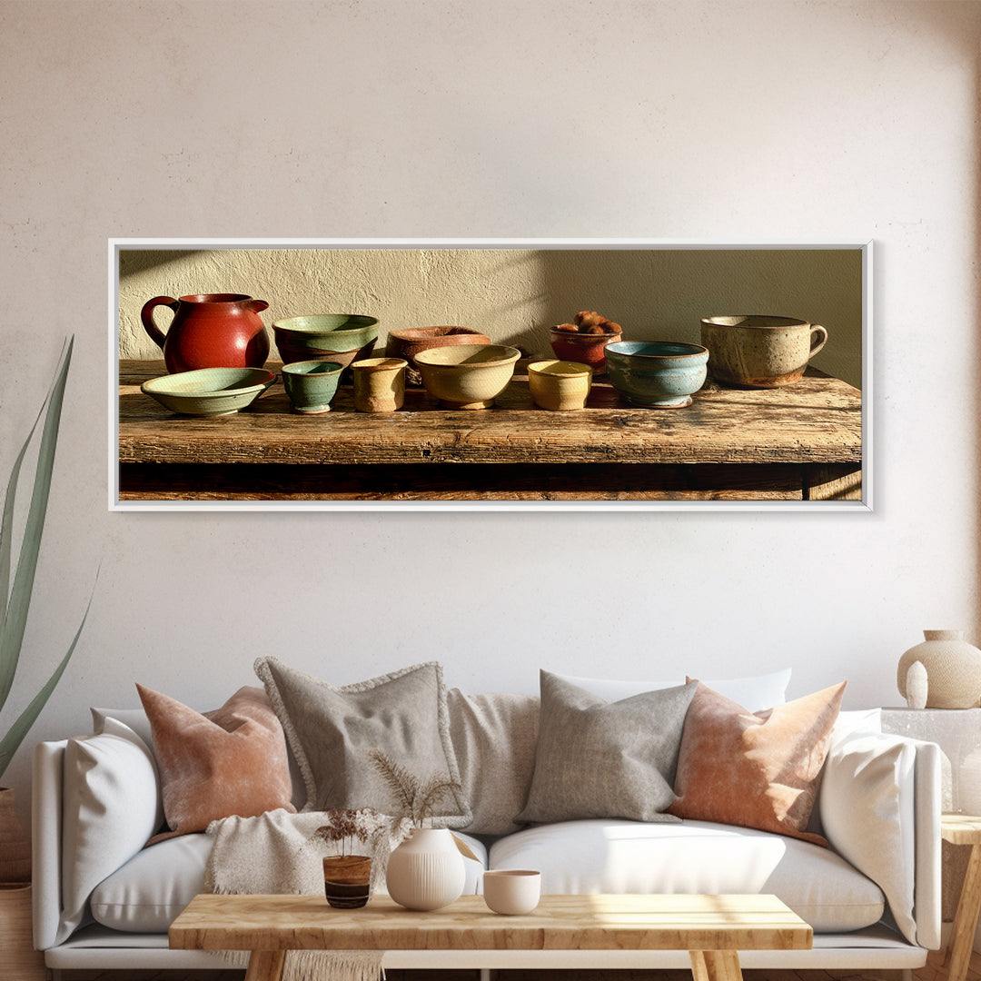 Sunlit Farmhouse Table Objects Without Room View Framed Canvas Print, Dining Room Art, Kitchen Art, Dining Room Decor, Dining, DRA-3x1-81