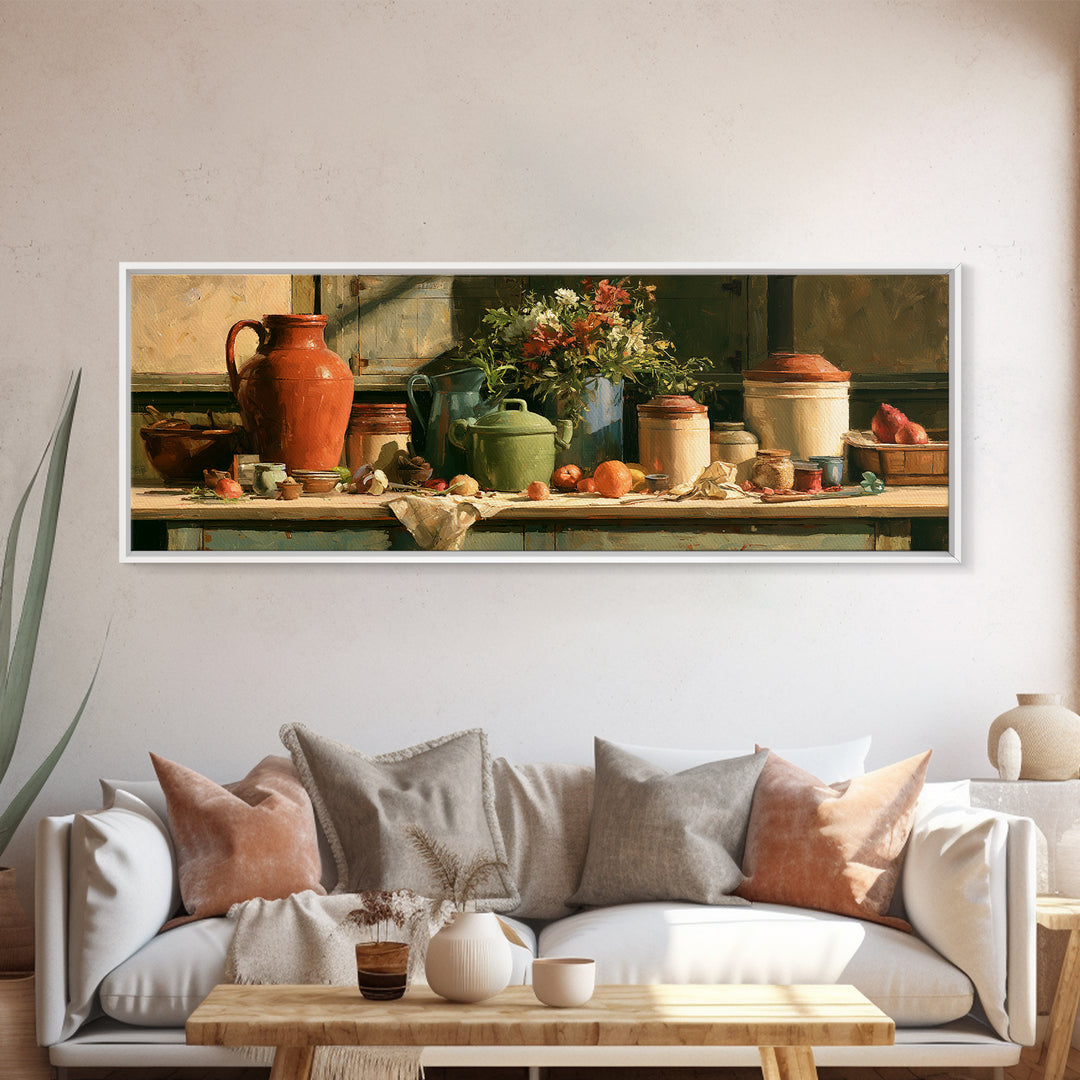 Sunlit Farmhouse Table Objects Without Room View Framed Canvas Print, Dining Room Art, Print, Dining Room Decor, Dining, DRA-3x1-9