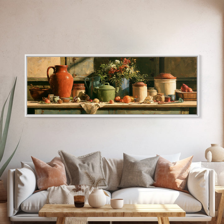 Sunlit Farmhouse Table Objects Without Room View Framed Canvas Print, Dining Room Art, Print, Dining Room Decor, Dining, DRA-3x1-9