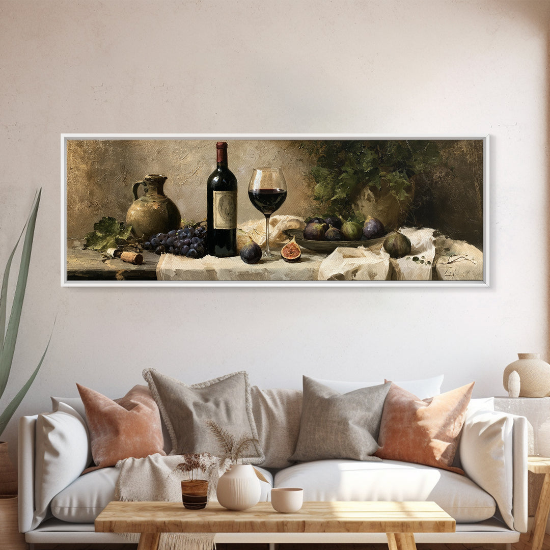 Wine Bottle and Figs on a Linen Canvas Print, Dining Room Art, Dining Room Wall Art, Dining Room Decor, Abstract Art, Dining, DRA-3x1-91