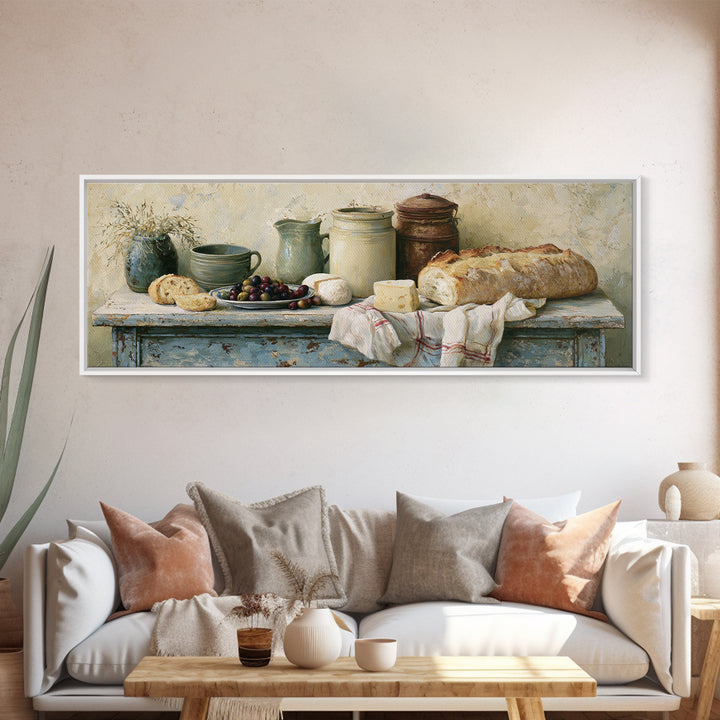 Rustic Bread Olives and Cheese Still Life Canvas Print, Dining Room Art, Dining Room Decor, Watercolor Art, Dining, DRA-3x1-94