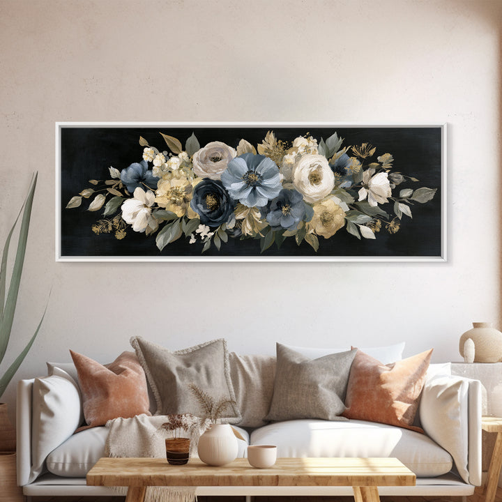 Moody Dark Background Bouquet for Formal Dining Framed Canvas Print, Dining Room Art, Wall Decor, Dining Room Decor, Dining, DRA-3x1-99