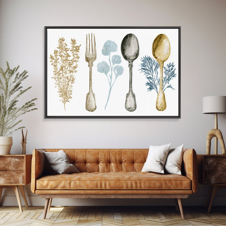 Minimal Fork Spoon and Herb Composition Framed Canvas Print, Dining Room Art, Minimalist Decor, Dining Room Decor, Dining, DRA-3x2-2