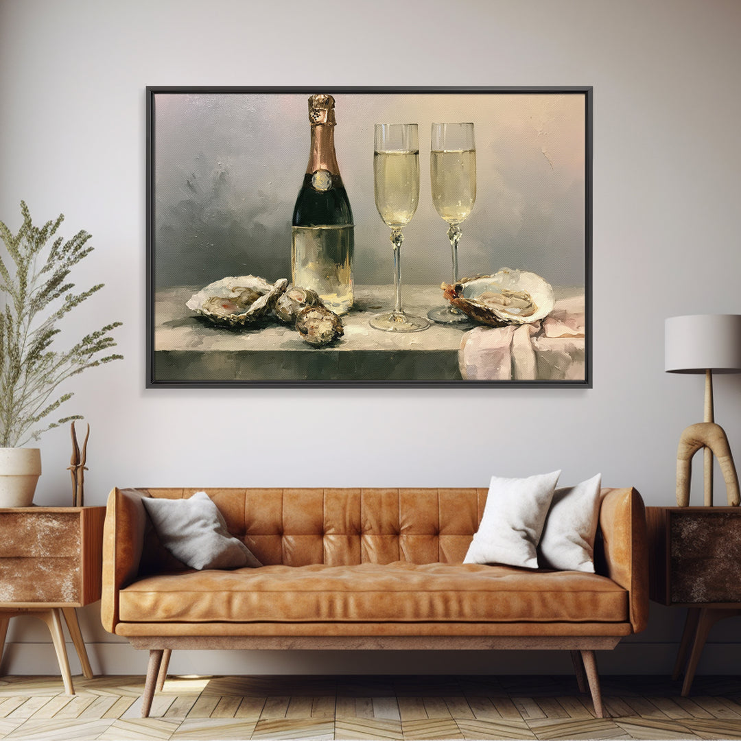 Elegant Oyster and Champagne Still Life Framed Canvas Print, Dining Room Art, Living Room Decor, Dining Room Decor, Dining, DRA-3x2-35