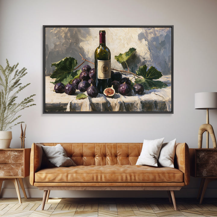 Wine Bottle and Figs on a Linen Framed Canvas Print, Dining Room Art, Boho Decor, Dining Room Decor, Abstract Art, Dining, DRA-3x2-55