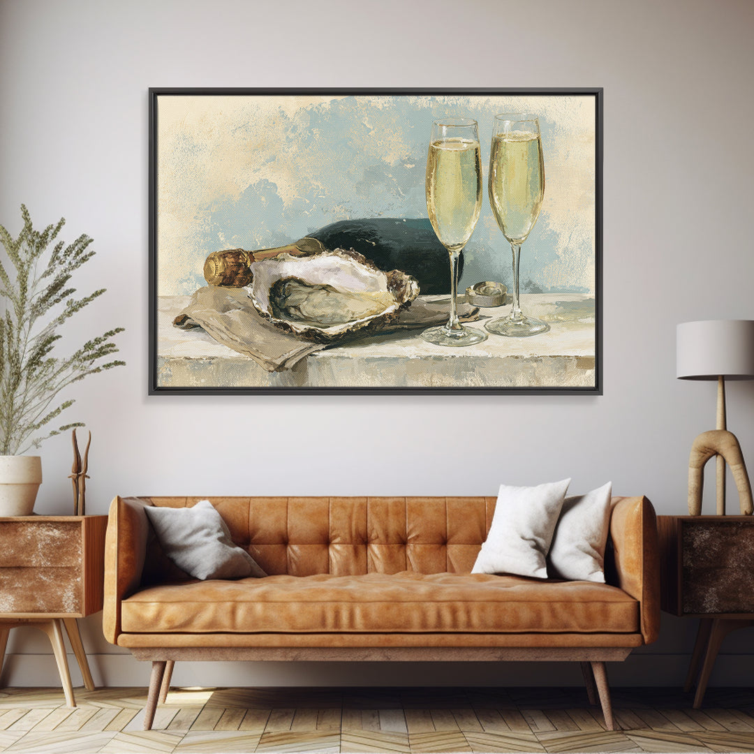 Elegant Oyster and Champagne Still Life Framed Canvas Print, Dining Room Art, Kitchen Prints, Dining Room Decor, Oil Painting, DRA-3x2-59