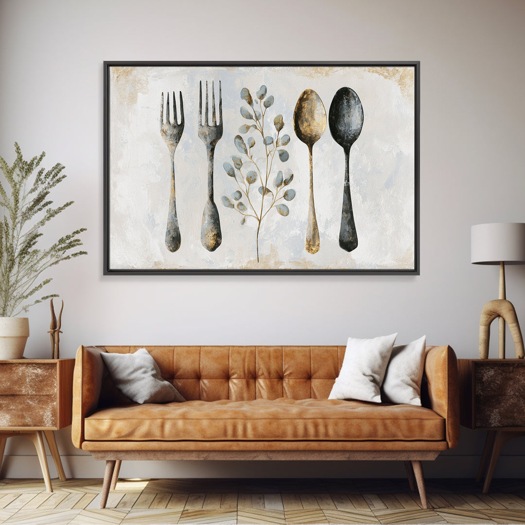Minimal Fork Spoon and Herb Composition Framed Canvas Print, Dining Room Art, Kitchen Decor, Dining Room Decor, Oil Painting, DRA-3x2-74