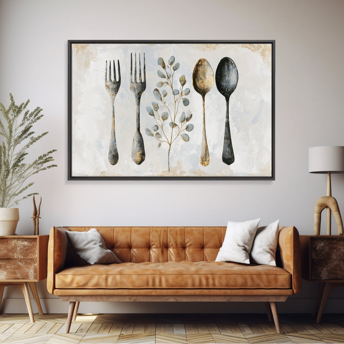Minimal Fork Spoon and Herb Composition Framed Canvas Print, Dining Room Art, Kitchen Decor, Dining Room Decor, Oil Painting, DRA-3x2-74