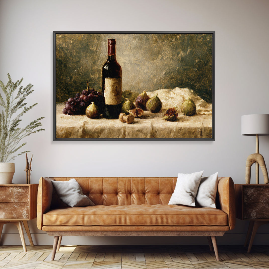 Wine Bottle and Figs on a Linen Framed Canvas Print, Dining Room Art, Kitchen Art, Dining Room Decor, Abstract Art, Dining, DRA-3x2-79