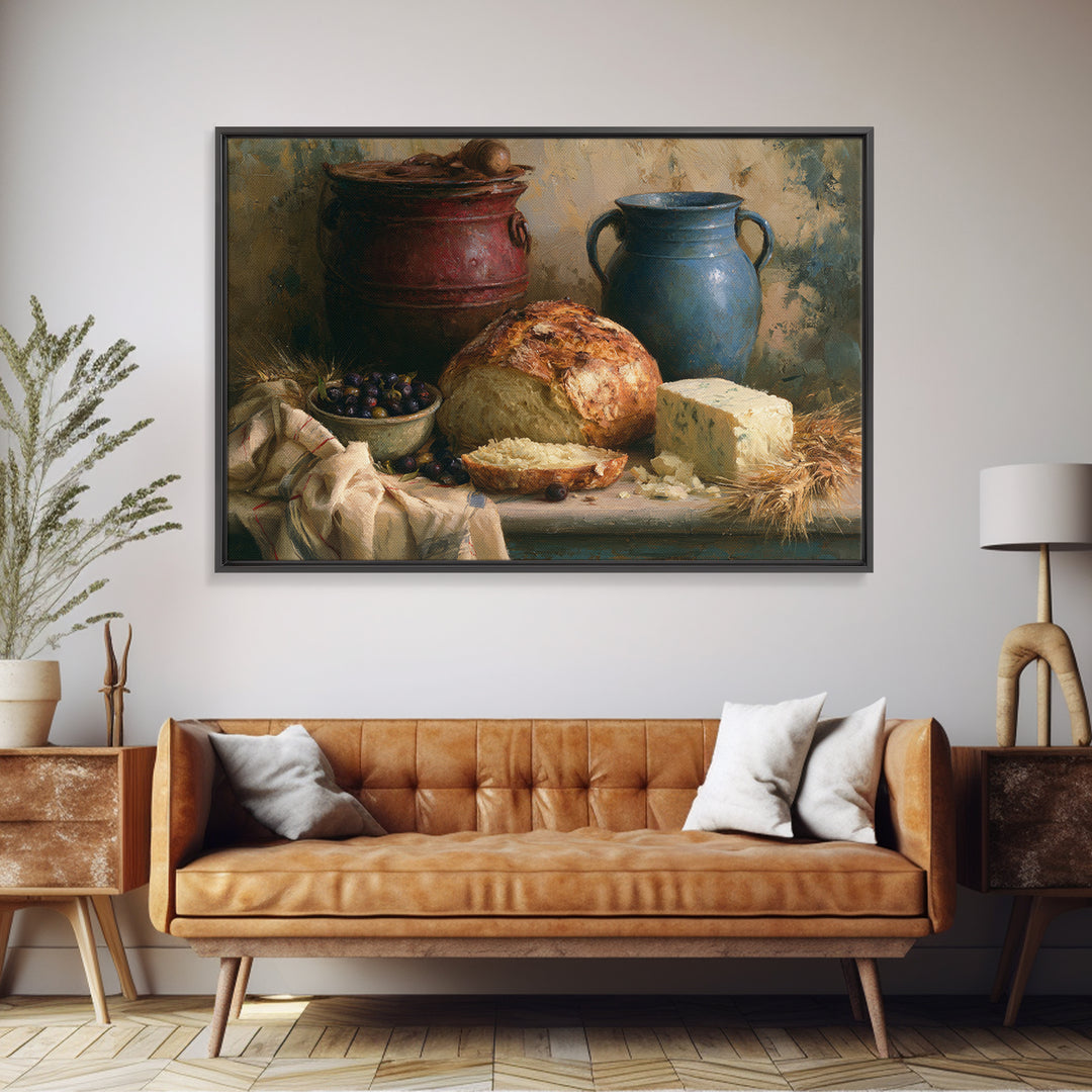 Rustic Bread Olives and Cheese Still Life Canvas Print, Dining Room Art, Watercolor Painting, Dining Room Decor, Dining, DRA-3x2-82