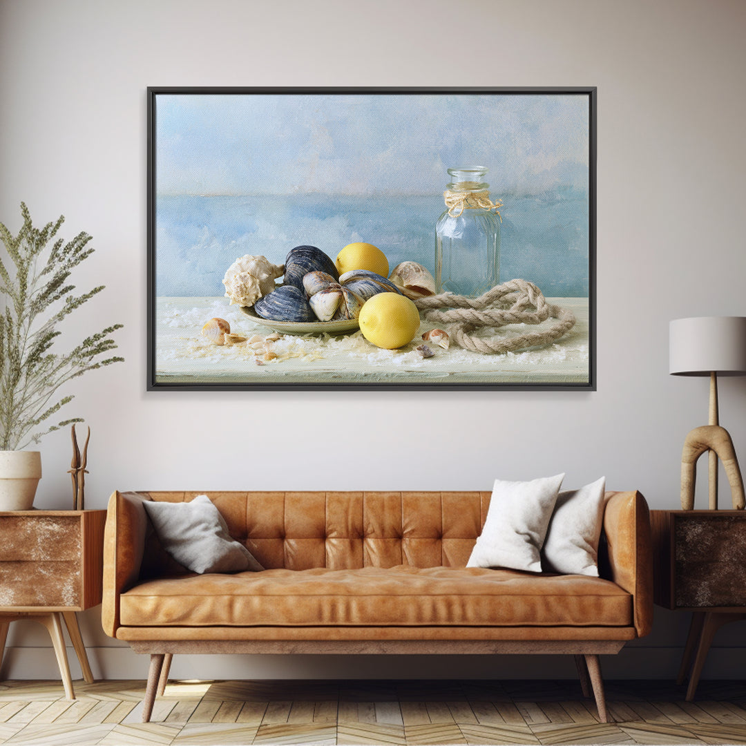 Shellfish and Lemon Still Life Framed Canvas Print, Dining Room Art, Trendy Wall Art, Dining Room Decor, Fine Art, Dining, DRA-3x2-92