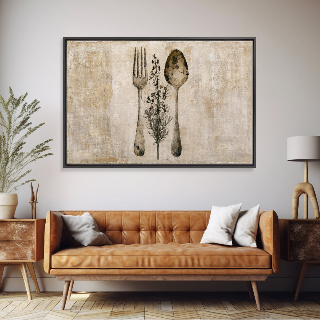 Minimal Fork Spoon and Herb Composition Canvas Print, Dining Room Art, Living Room Decor, Dining Room Decor, Fine Art, Dining, DRA-3x2-98