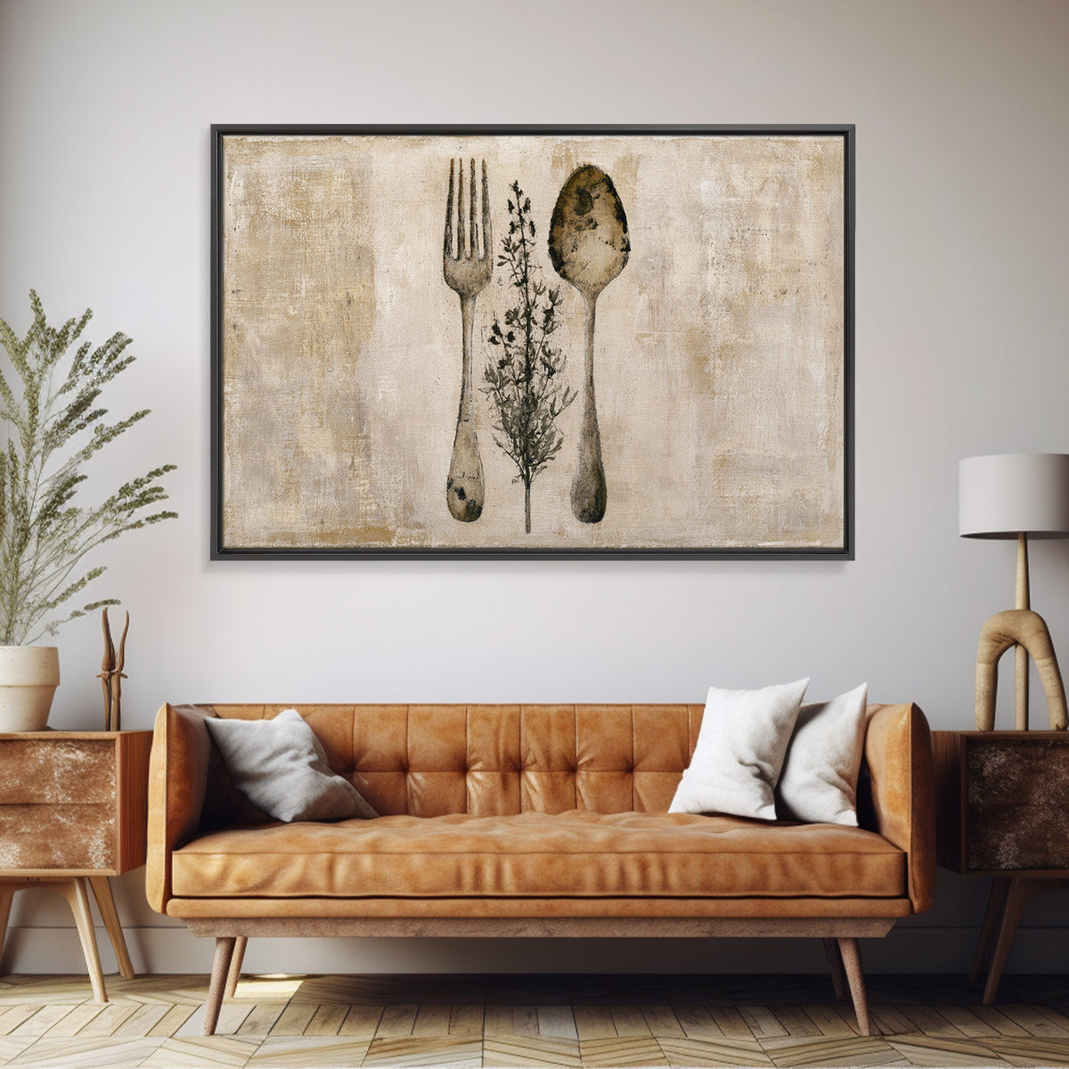 Minimal Fork Spoon and Herb Composition Canvas Print, Dining Room Art, Living Room Decor, Dining Room Decor, Fine Art, Dining, DRA-3x2-98