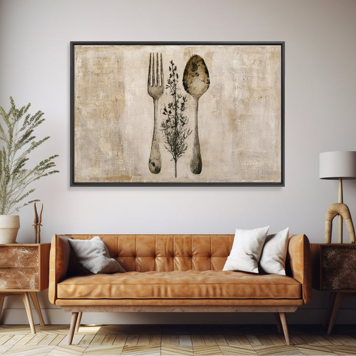 Minimal Fork Spoon and Herb Composition Canvas Print, Dining Room Art, Living Room Decor, Dining Room Decor, Fine Art, Dining, DRA-3x2-98