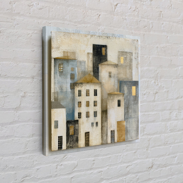 Naive Cityscape with Patterned Windows Framed Canvas Print, Eclectic Art, Art, Living Room Decor, Fine Art, Eclectic, ECL-1x1-12