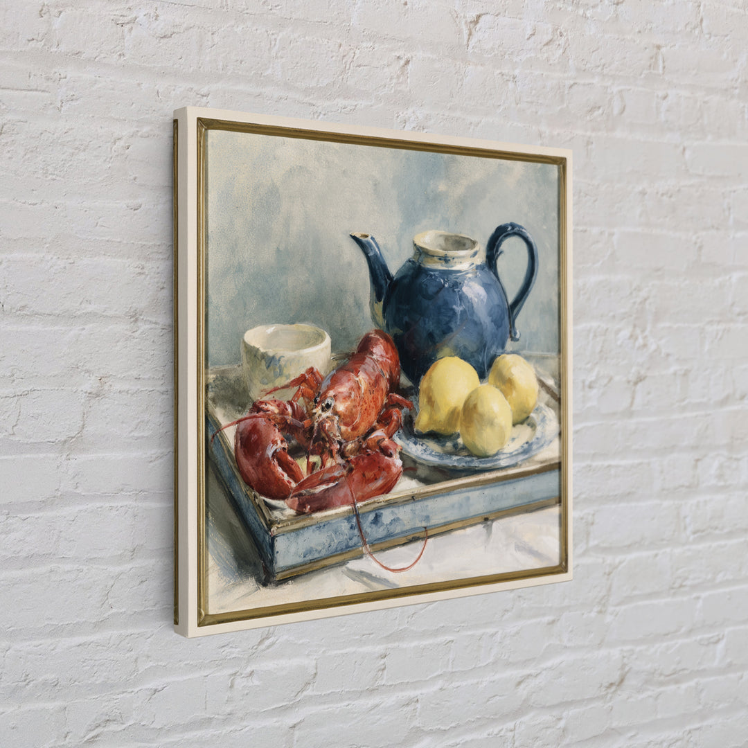 Unexpected Lobster and Lemons Still Life Framed Canvas Print, Eclectic Art, Fine Art Print, Living Room Decor, Abstract Art, ECL-1x1-42