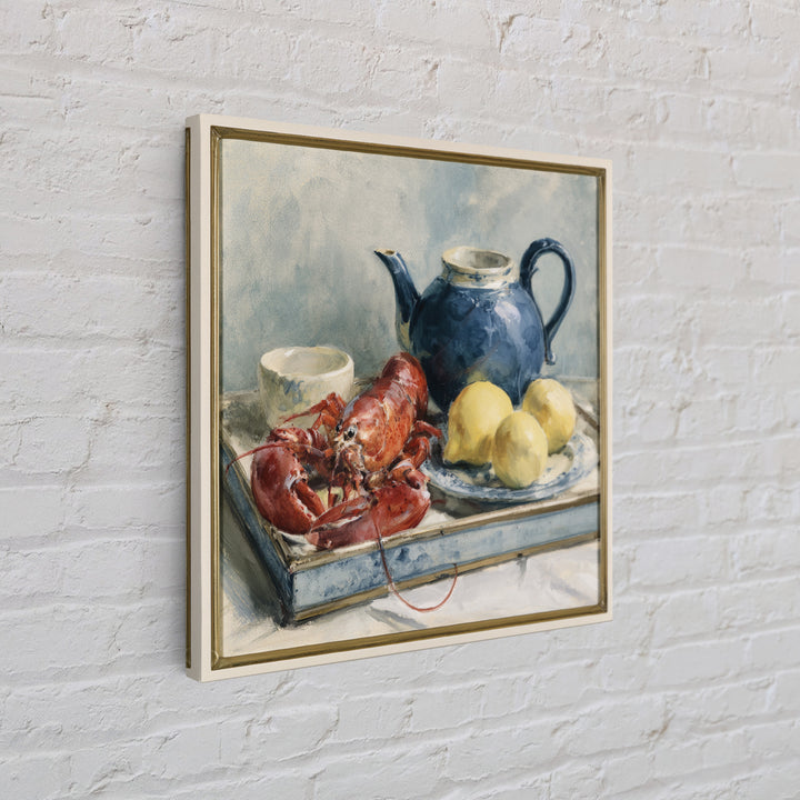 Unexpected Lobster and Lemons Still Life Framed Canvas Print, Eclectic Art, Fine Art Print, Living Room Decor, Abstract Art, ECL-1x1-42