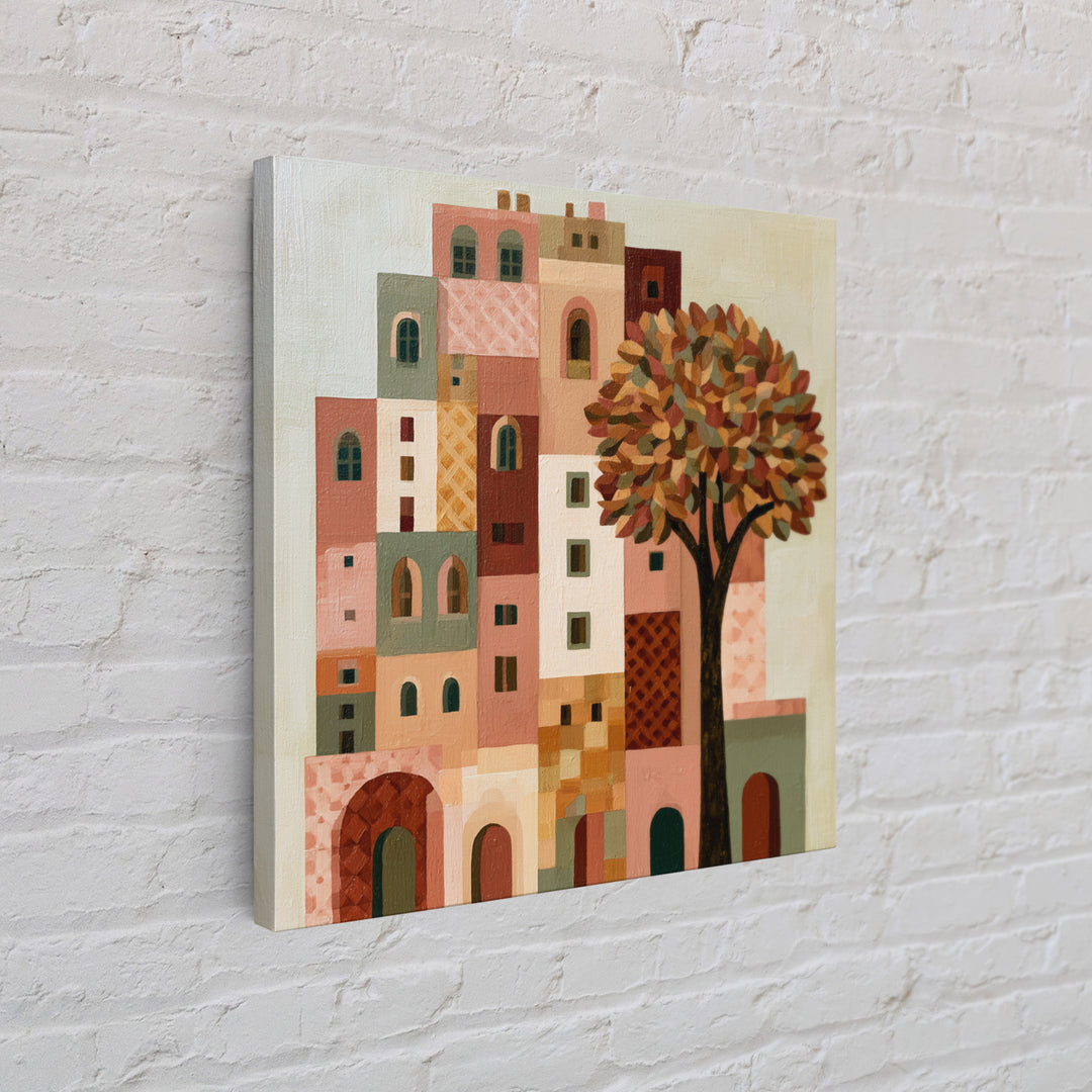 Naive Cityscape with Patterned Windows Canvas Print, Eclectic Art, Portrait, Living Room Decor, Eclectic, Modern Decor, ECL-1x1-60