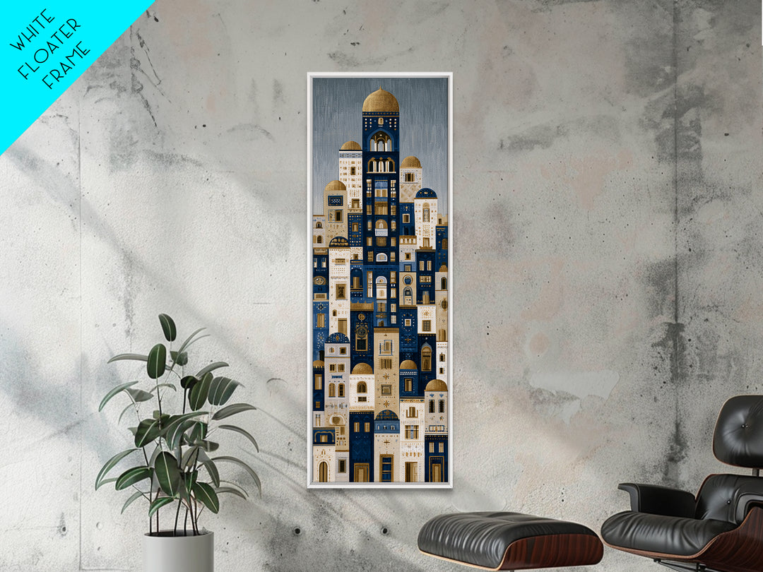 Naive Cityscape with Patterned Windows Framed Canvas Print, Eclectic Art, Portrait, Living Room Decor, Fine Art, Eclectic, ECL-1x3-24