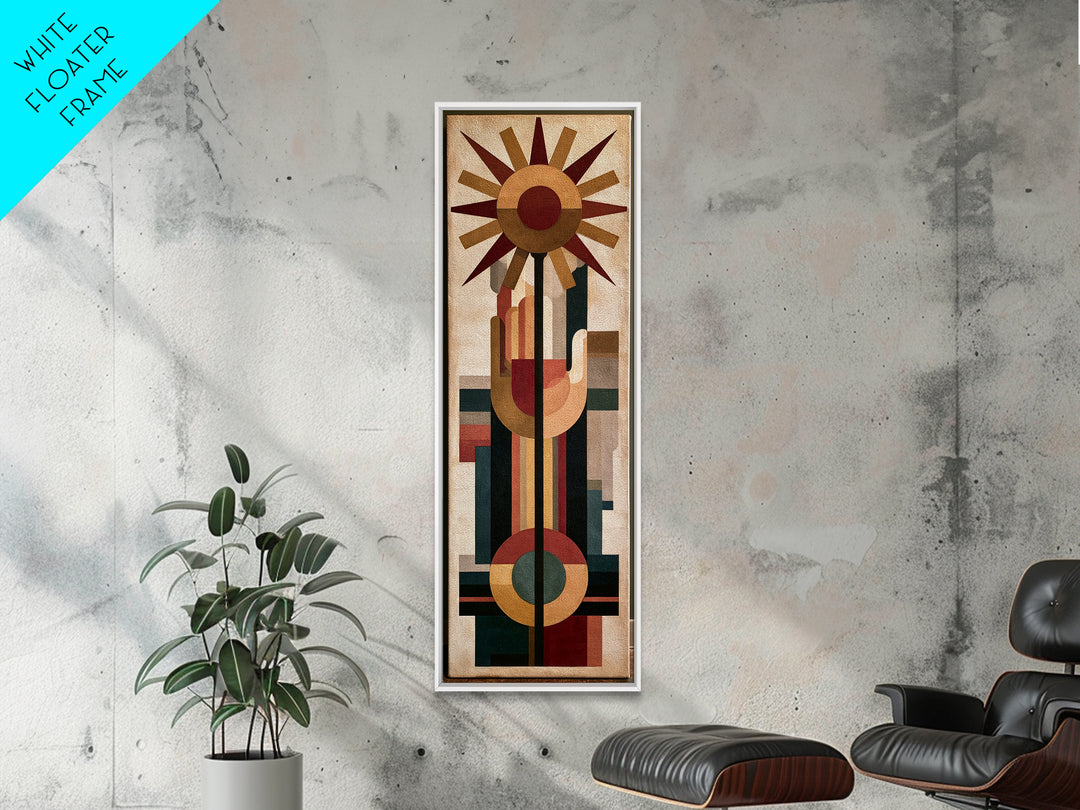 Geometric Sun and Hand Motif Framed Canvas Print, Eclectic Art, Boho Decor, Living Room Decor, Abstract Art, Eclectic, ECL-1x3-3