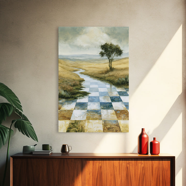 Playful Checkerboard Landscape Framed Canvas Print, Eclectic Art, Dopamine Decor, Living Room Decor, Fine Art, Eclectic, ECL-2x3-17