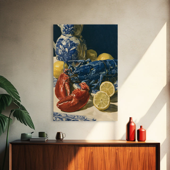 Unexpected Lobster and Lemons Still Life Framed Canvas Print, Eclectic Art, Digital Art, Living Room Decor, Abstract Art, ECL-2x3-2