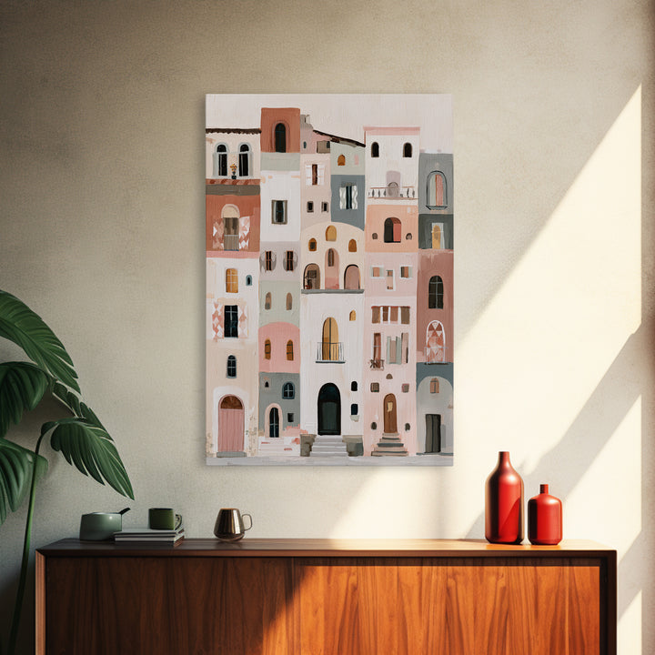 Naive Cityscape with Patterned Windows Framed Canvas Print, Eclectic Art, Neutral Decor, Living Room Decor, Oil Painting, ECL-2x3-20