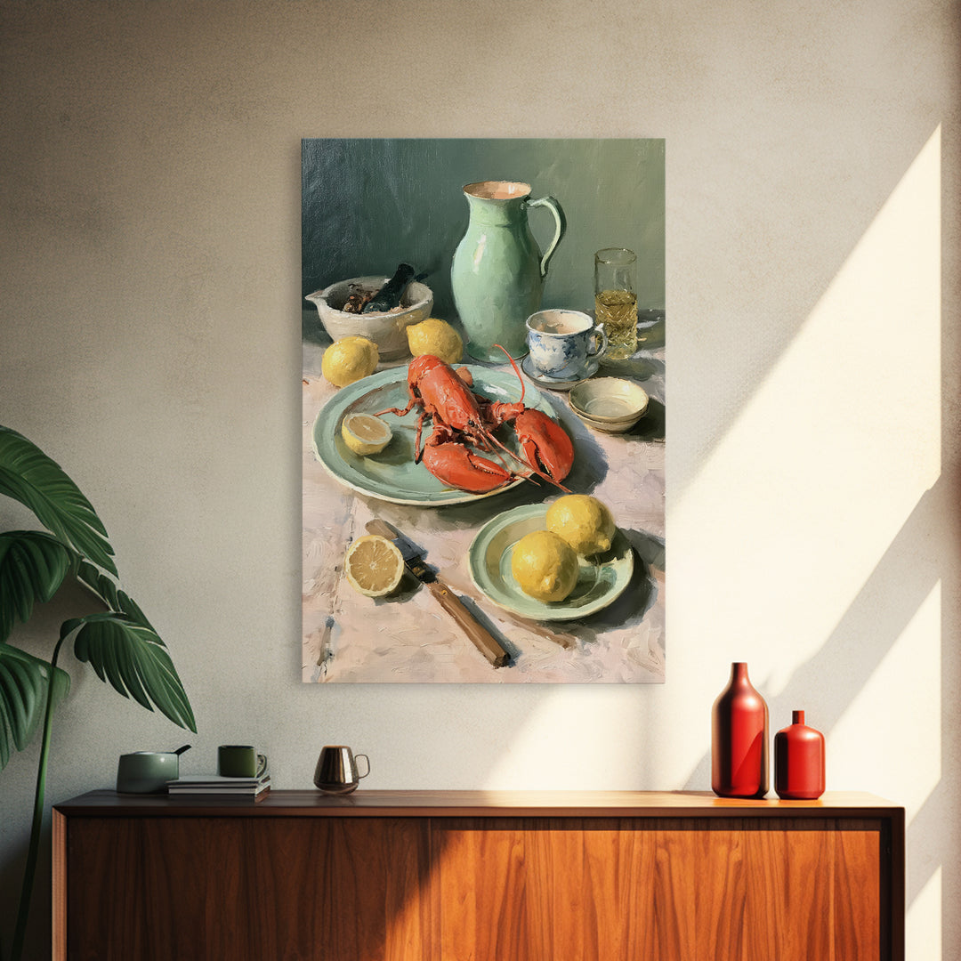 Unexpected Lobster and Lemons Still Life Framed Canvas Print, Eclectic Art, Digital Art, Living Room Decor, Abstract Art, ECL-2x3-26