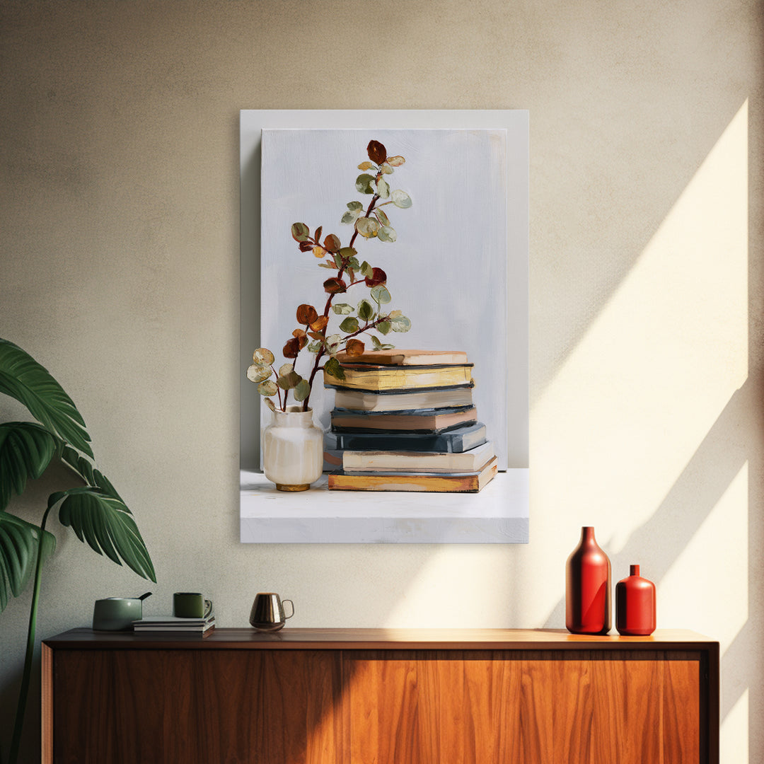 Colorful Book and Plant Still Life Canvas Print, Eclectic Art, Living Room Decor, Fine Art, Eclectic, Textured Painting, ECL-2x3-31