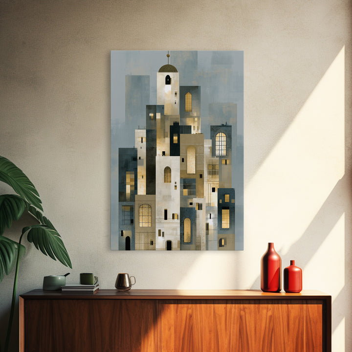 Naive Cityscape with Patterned Windows Framed Canvas Print, Eclectic Art, Living Room Decor, Watercolor Art, Eclectic, ECL-2x3-44