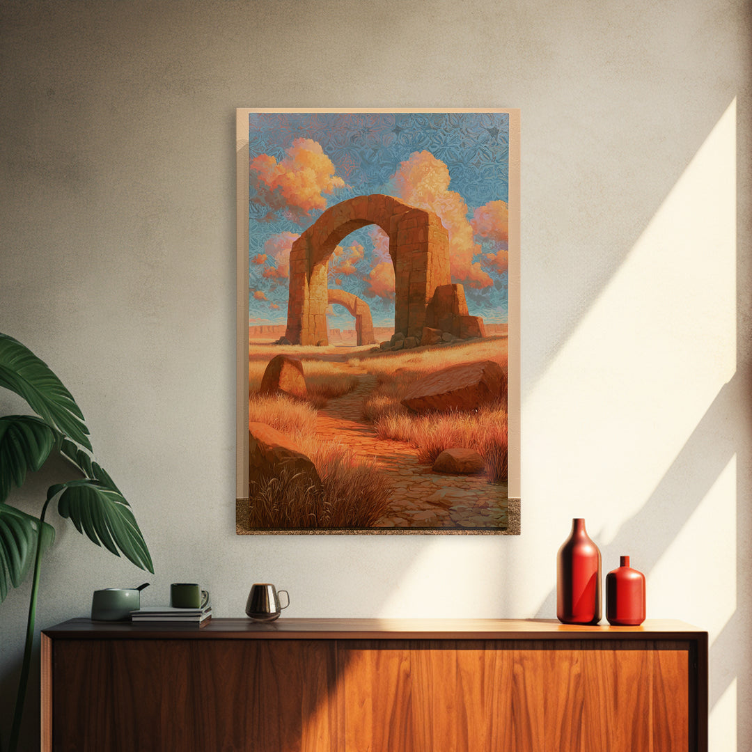 Surreal Desert with Floating Arches Framed Canvas Print, Eclectic Art, Printable, Living Room Decor, Oil Painting, Eclectic, ECL-2x3-6