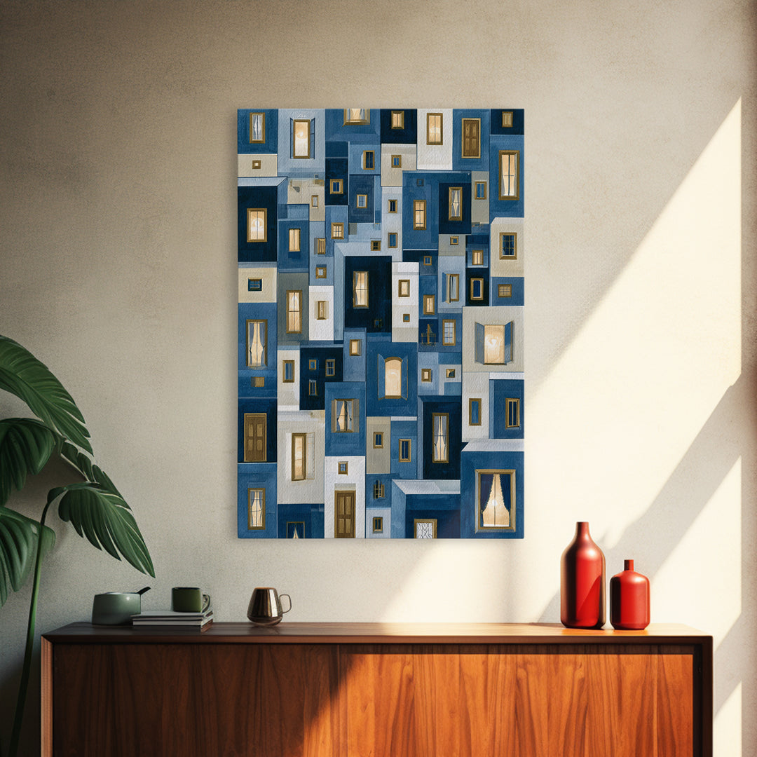 Naive Cityscape with Patterned Windows Framed Canvas Print, Eclectic Art, Luxury Decor, Living Room Decor, Fine Art, Eclectic, ECL-2x3-68