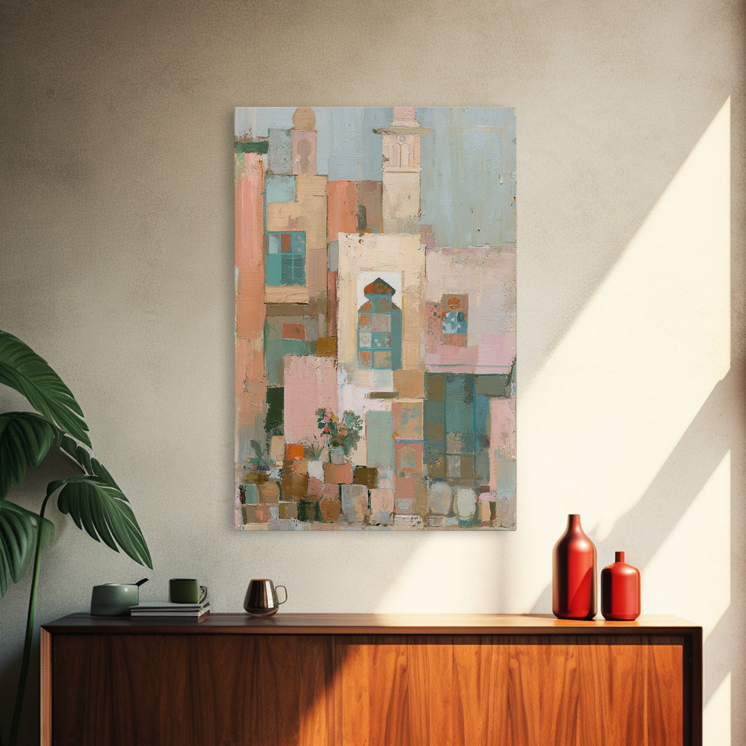 Naive Cityscape with Patterned Windows Framed Canvas Print, Eclectic Art, Original Art, Living Room Decor, Abstract Art, ECL-2x3-92