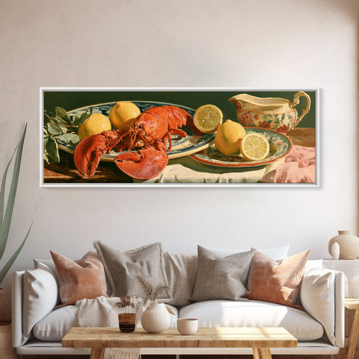 Unexpected Lobster and Lemons Still Life Framed Canvas Print, Eclectic Art, Large Wall Art, Living Room Decor, Eclectic, ECL-3x1-10