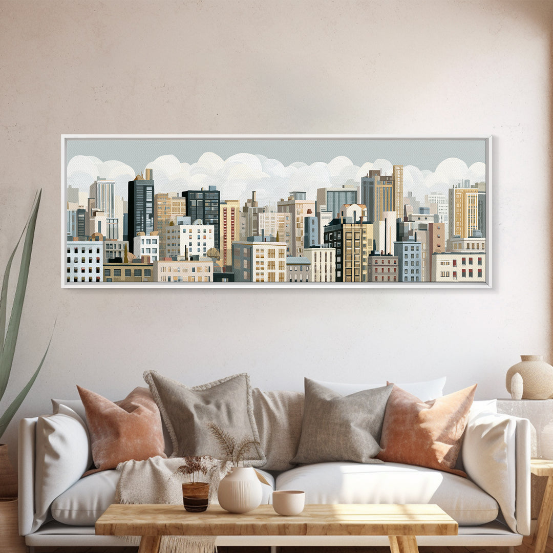 Naive Cityscape with Patterned Windows Canvas Print, Eclectic Art, Oil Painting, Living Room Decor, Abstract Art, Eclectic, ECL-3x1-100