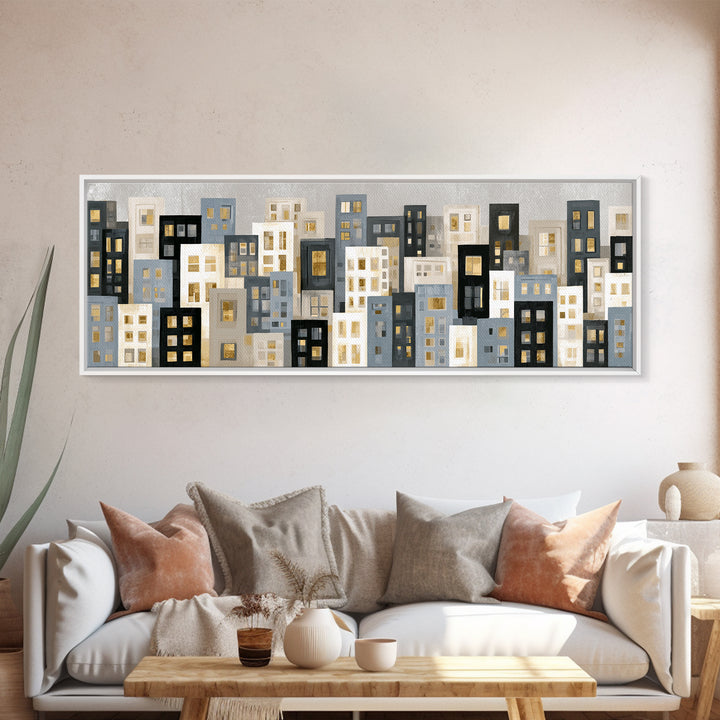 Naive Cityscape with Patterned Windows Framed Canvas Print, Eclectic Art, Gallery Decor, Living Room Decor, Oil Painting, ECL-3x1-28