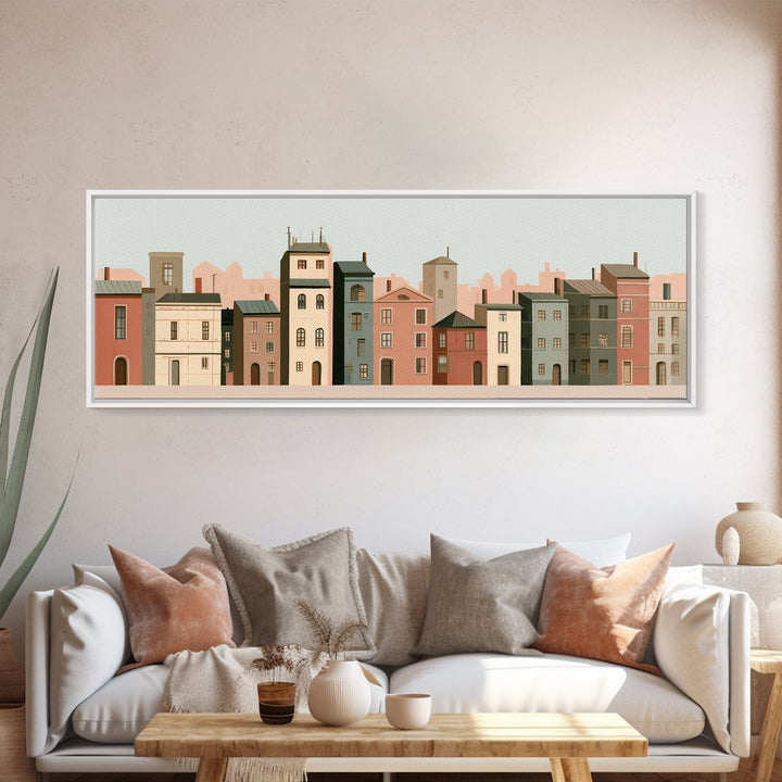 Naive Cityscape with Patterned Windows Canvas Print, Eclectic Art, Living Room Decor, Watercolor Art, Eclectic, ECL-3x1-4