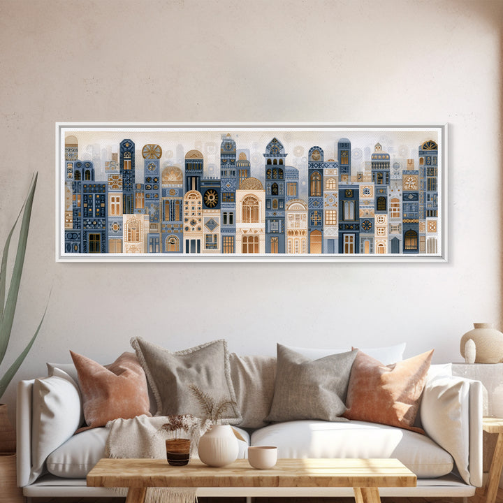 Naive Cityscape with Patterned Windows Framed Canvas Print, Eclectic Art, Home Decor, Living Room Decor, Abstract Art, Eclectic, ECL-3x1-52